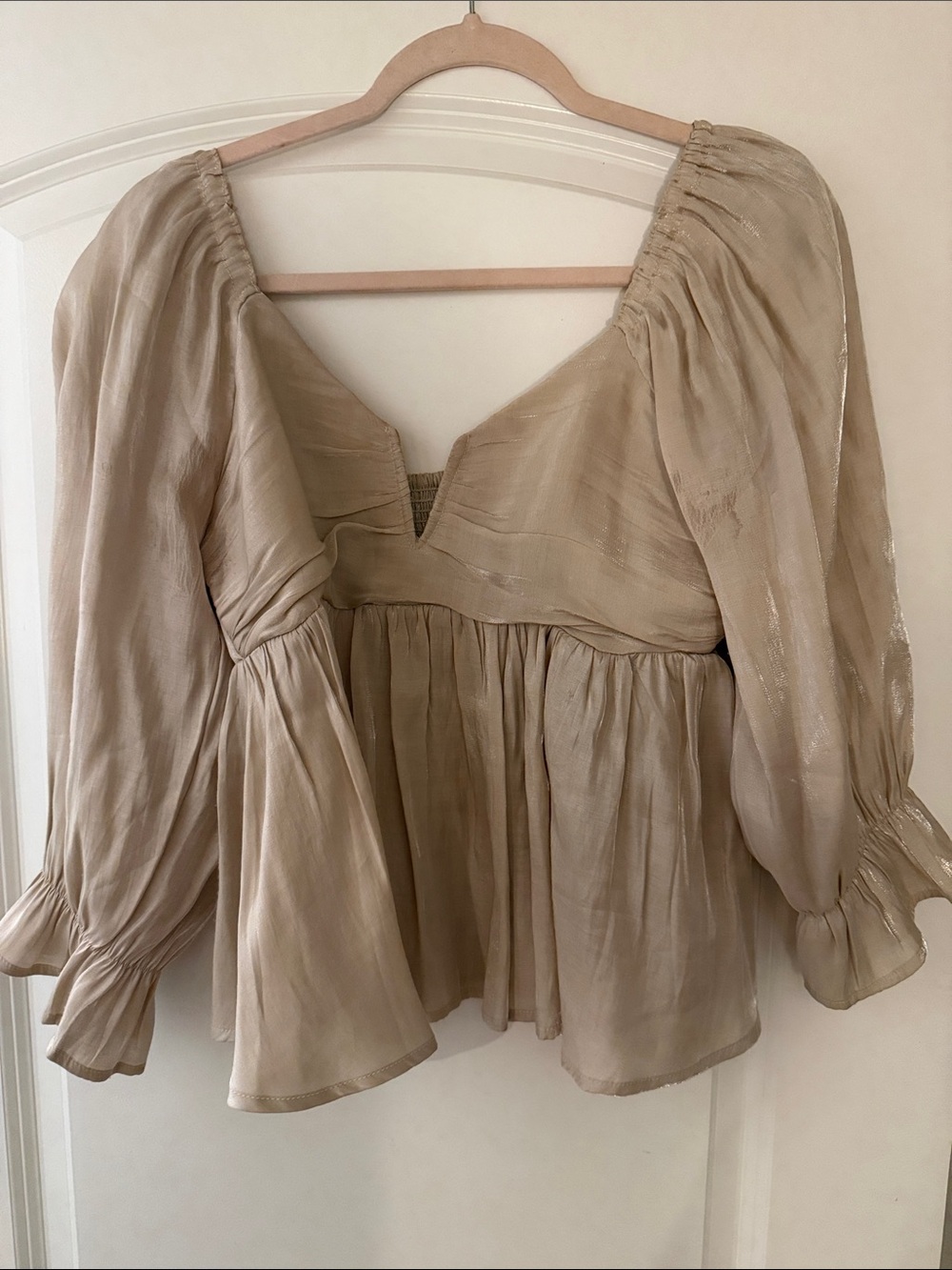 entro Beige Peasant Blouse with Puff Sleeves